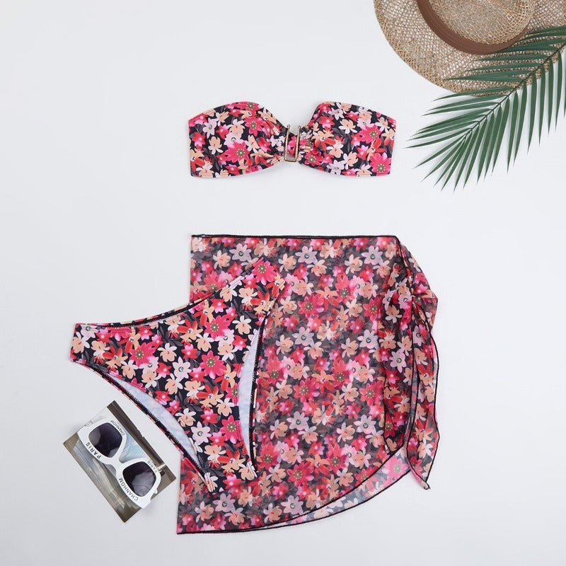 Wholesale Metal U-Shaped Three-Piece Printed Swimsuit